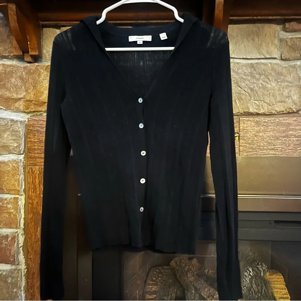 Vince Black Ribbed Polo Cardigan XS